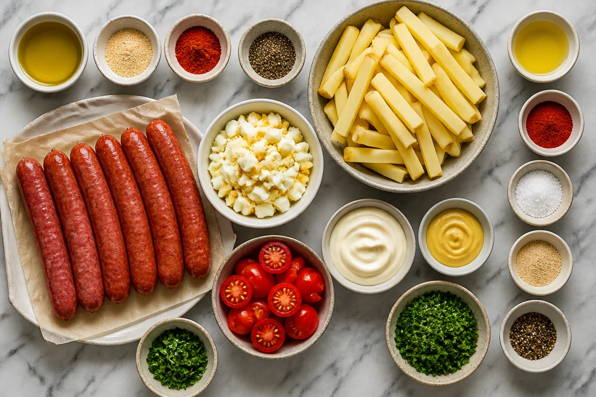 Grilled Sausages, Seasoned Fries & Creamy Egg Salad