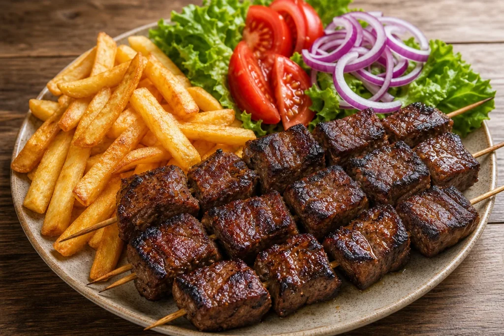 Delicious grilled steak skewers with crispy fries and fresh salad on a plate