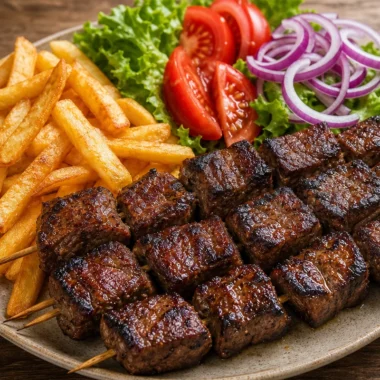 Delicious grilled steak skewers with crispy fries and fresh salad on a plate