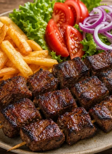Delicious grilled steak skewers with crispy fries and fresh salad on a plate