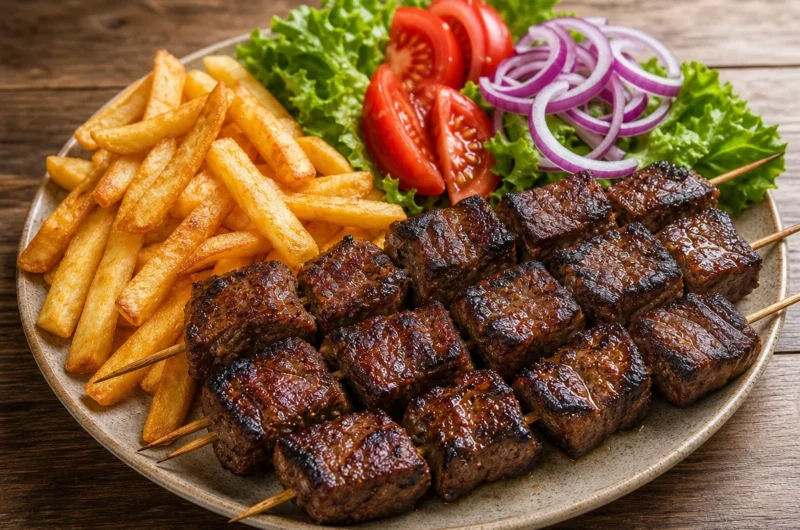 Delicious grilled steak skewers with crispy fries and fresh salad on a plate