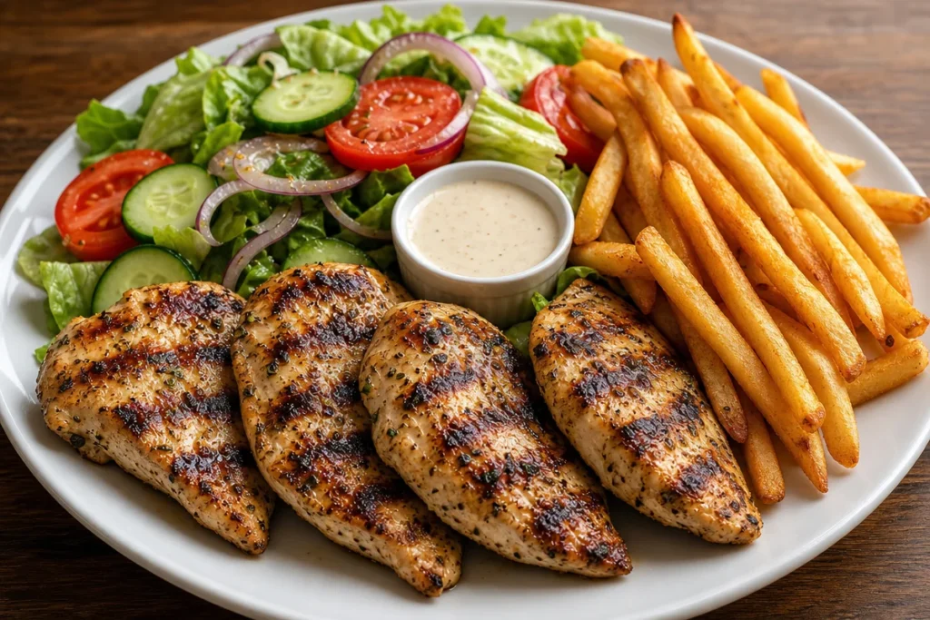 Delicious herb grilled chicken served with crispy fries and a fresh garden salad