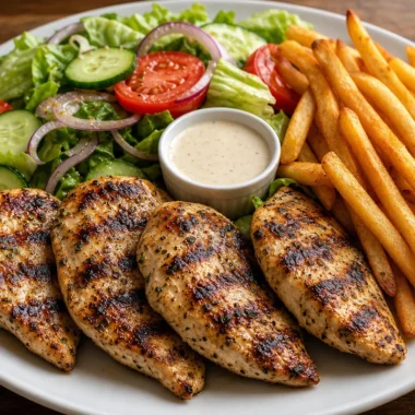 Delicious herb grilled chicken served with crispy fries and a fresh garden salad