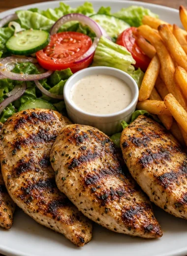Delicious herb grilled chicken served with crispy fries and a fresh garden salad
