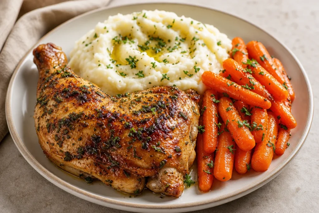 Delicious herb roasted chicken with creamy mashed potatoes and honey glazed carrots