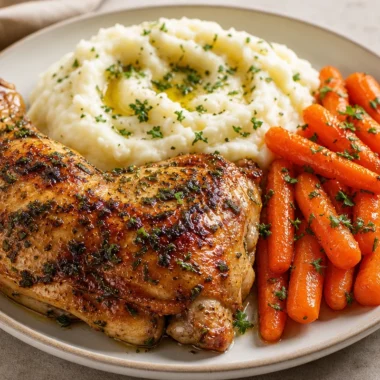 Delicious herb roasted chicken with creamy mashed potatoes and honey glazed carrots