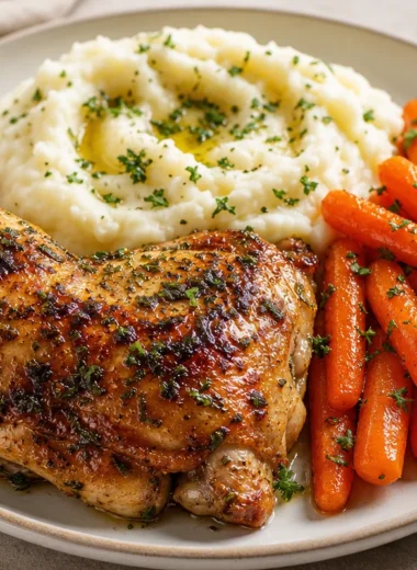 Delicious herb roasted chicken with creamy mashed potatoes and honey glazed carrots