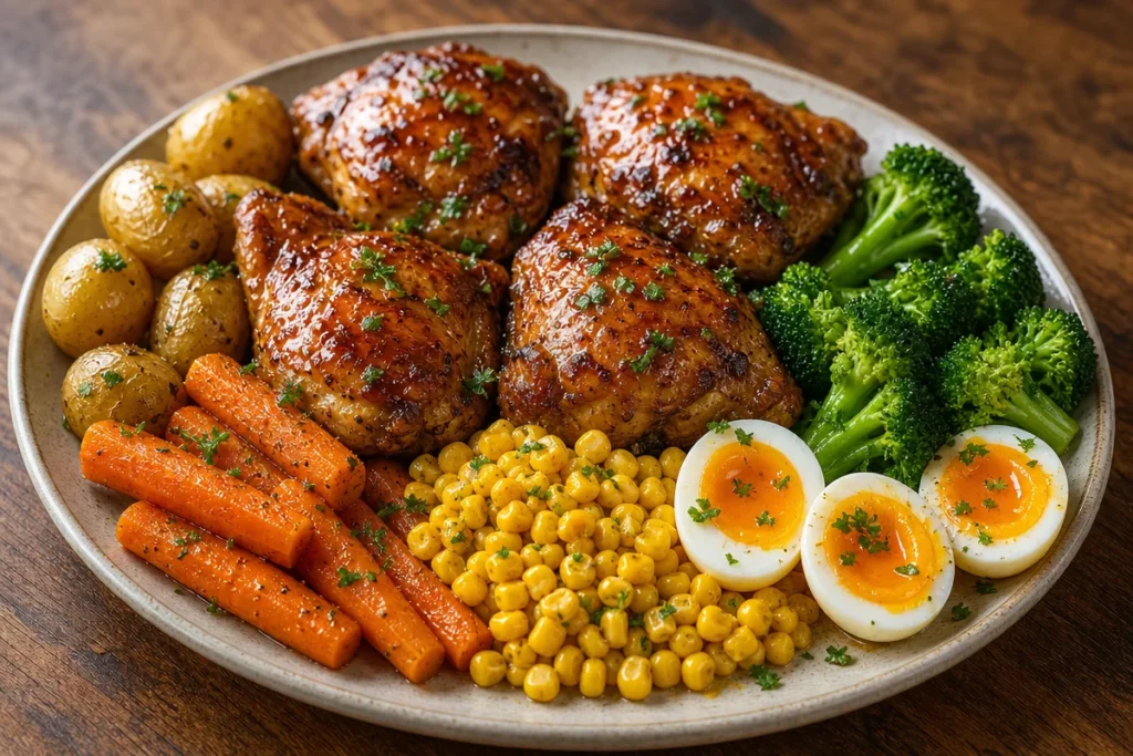Honey Glazed Roast Chicken served with vegetables and eggs