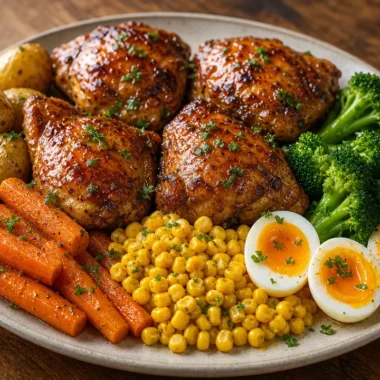 Honey Glazed Roast Chicken served with vegetables and eggs
