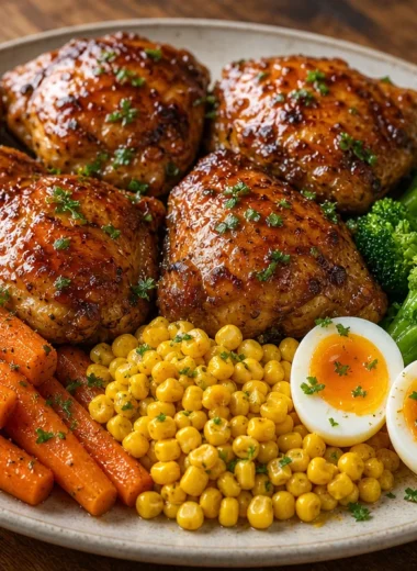 Honey Glazed Roast Chicken served with vegetables and eggs