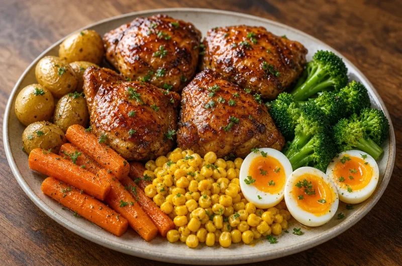 Honey Glazed Roast Chicken served with vegetables and eggs