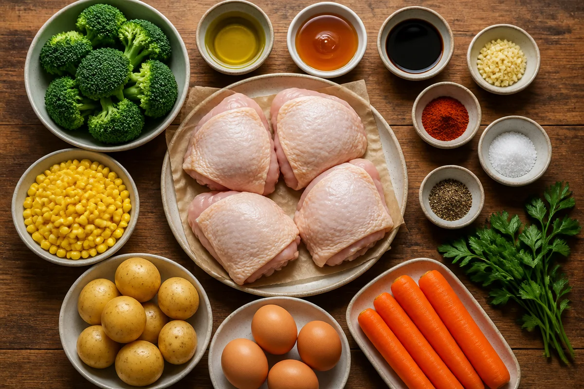 Honey Glazed Roast Chicken with Vegetables & Eggs