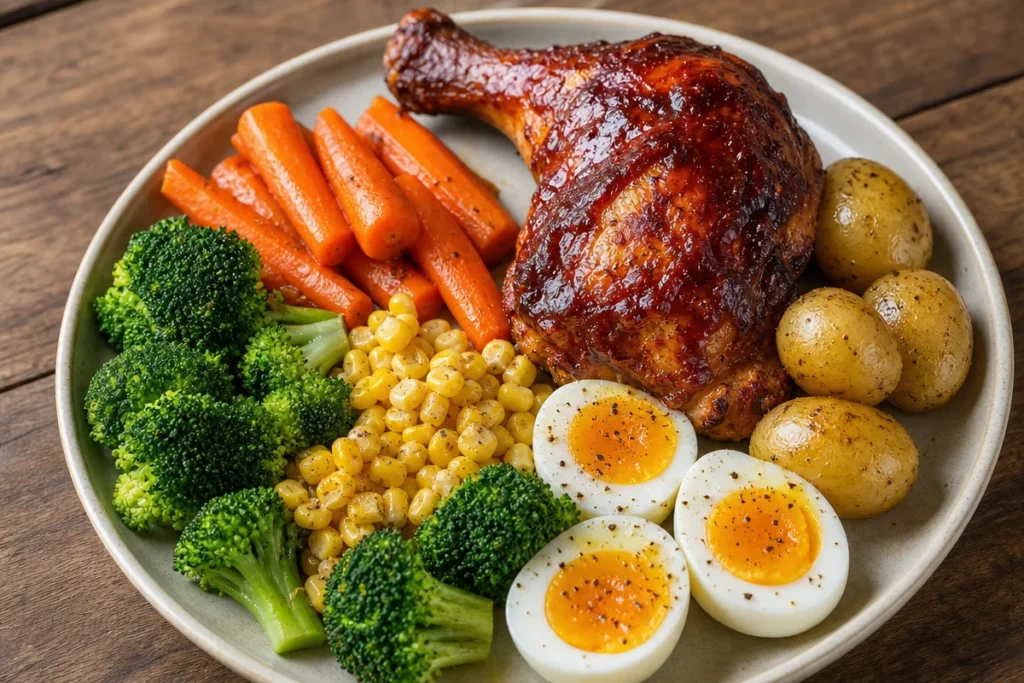 One-pan smoky BBQ chicken leg quarter with veggies and eggs dish