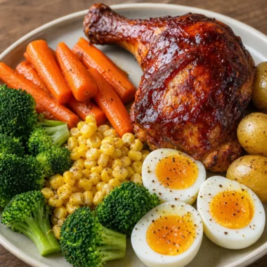 One-pan smoky BBQ chicken leg quarter with veggies and eggs dish