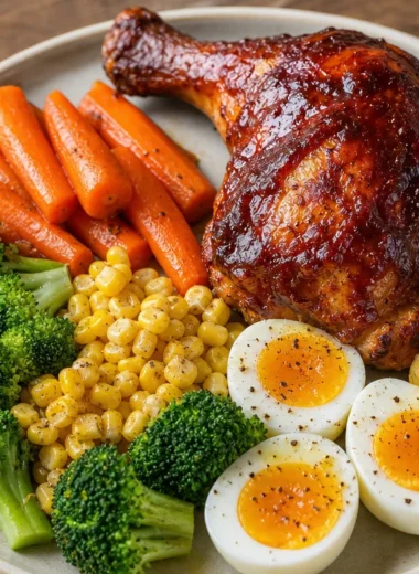 One-pan smoky BBQ chicken leg quarter with veggies and eggs dish