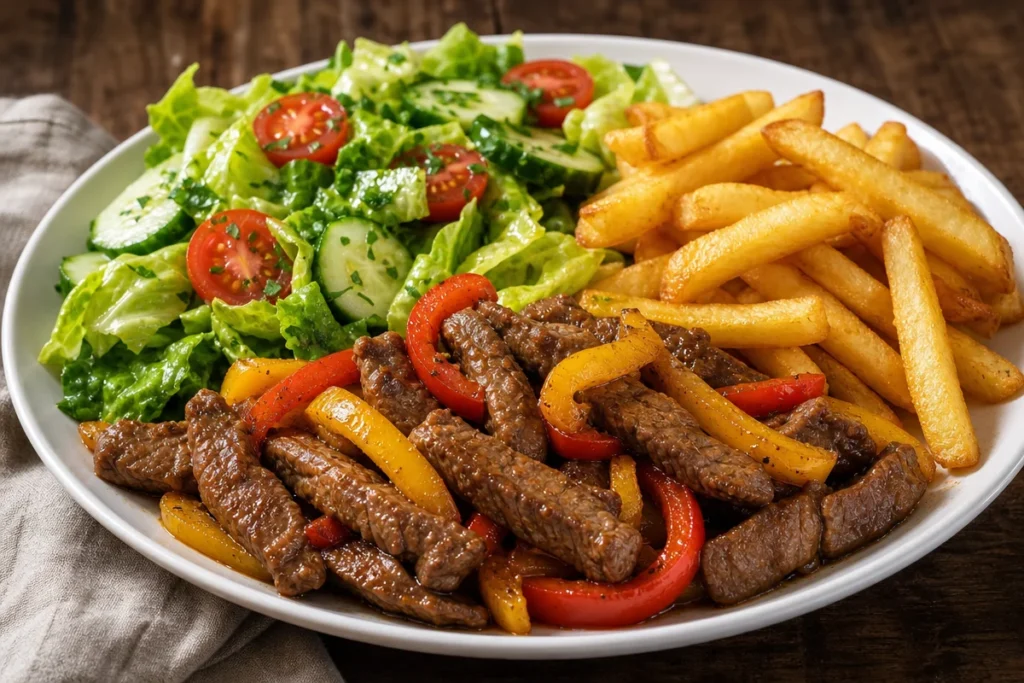 Delicious pepper steak strips served with crispy fries and a fresh garden salad.