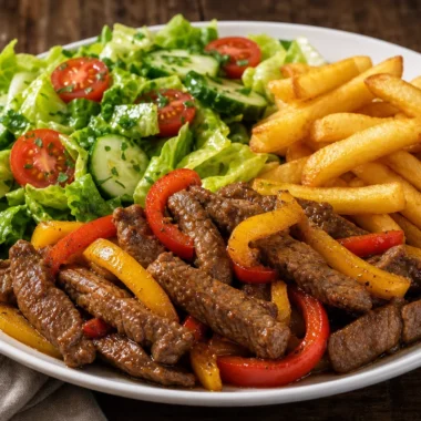 Delicious pepper steak strips served with crispy fries and a fresh garden salad.