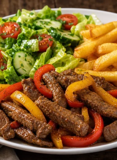 Delicious pepper steak strips served with crispy fries and a fresh garden salad.