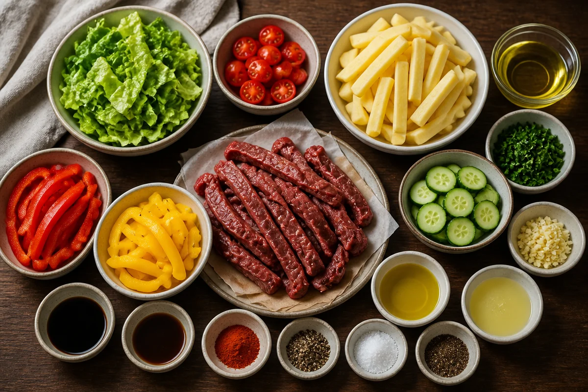 Pepper Steak Strips with Crispy Fries & Garden Salad