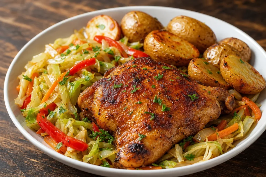 Smoky paprika chicken skillet with potatoes and cabbage dish