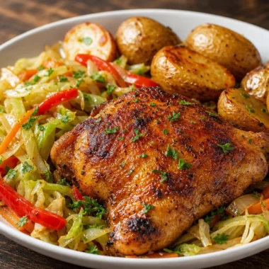 Smoky paprika chicken skillet with potatoes and cabbage dish