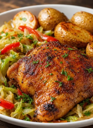 Smoky paprika chicken skillet with potatoes and cabbage dish
