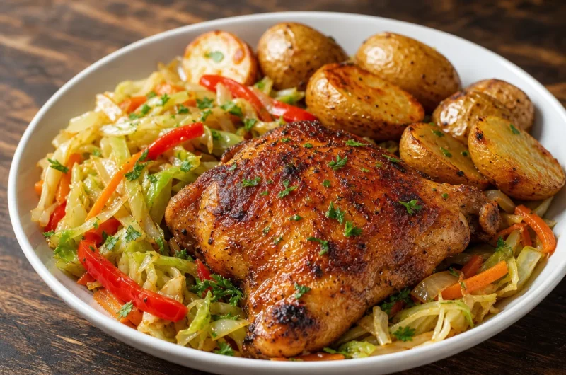 Smoky paprika chicken skillet with potatoes and cabbage dish