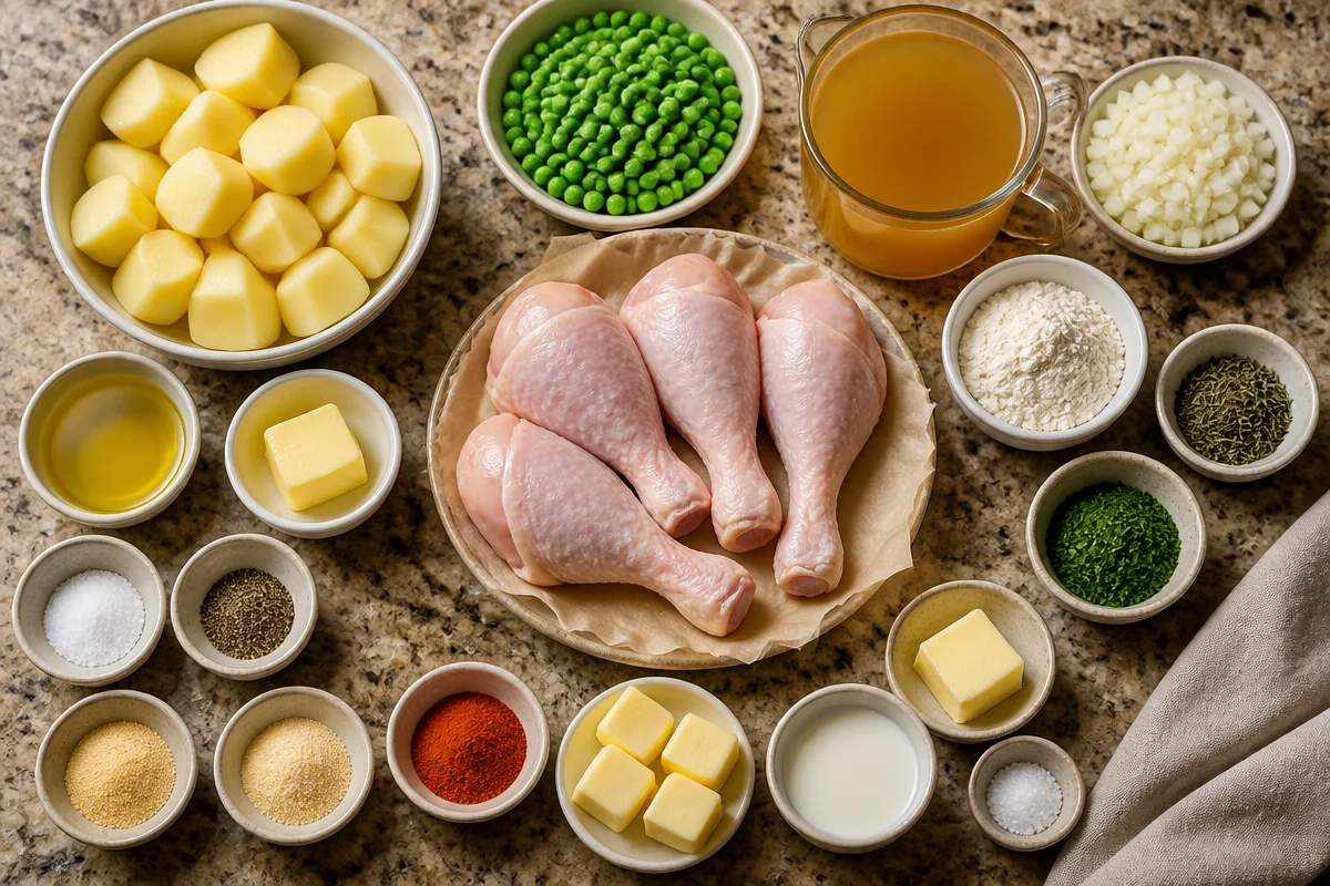 Smothered Chicken Drumsticks with Mashed Potatoes & Peas