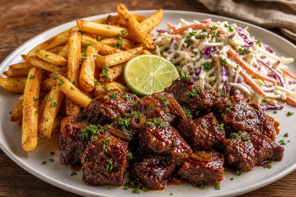 Sticky BBQ beef bites served with fries and creamy coleslaw.
