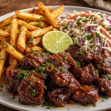 Sticky BBQ beef bites served with fries and creamy coleslaw.