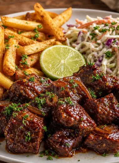 Sticky BBQ beef bites served with fries and creamy coleslaw.