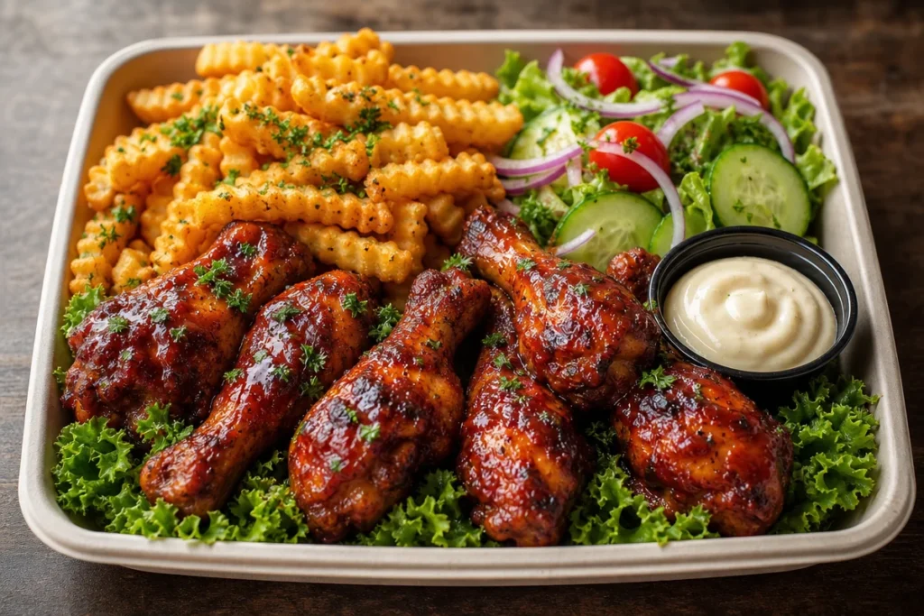 Sticky BBQ chicken drumsticks served with seasoned fries and garden salad