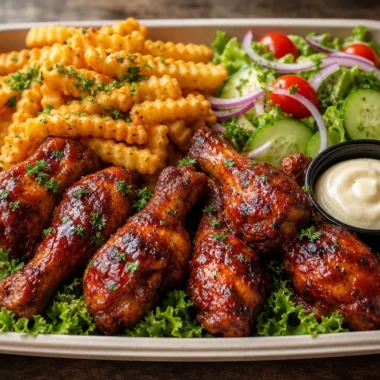 Sticky BBQ chicken drumsticks served with seasoned fries and garden salad