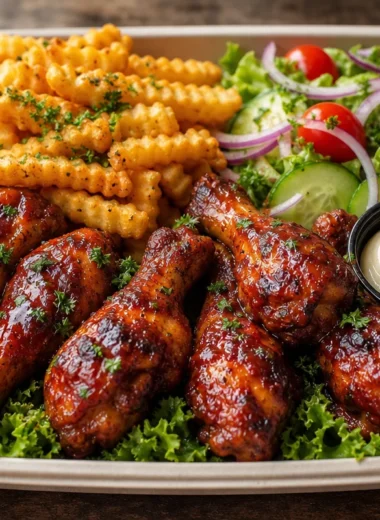 Sticky BBQ chicken drumsticks served with seasoned fries and garden salad