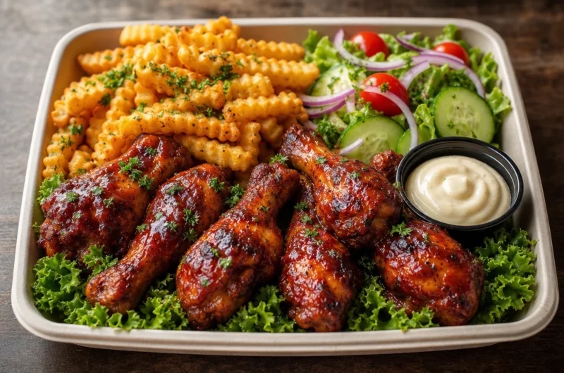 Sticky BBQ chicken drumsticks served with seasoned fries and garden salad