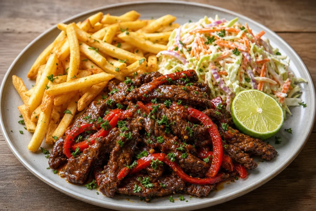 Delicious sticky chili beef strips with fries and coleslaw on a plate