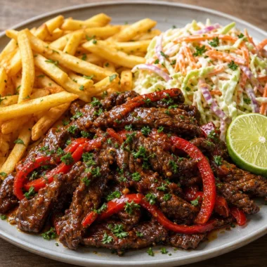 Delicious sticky chili beef strips with fries and coleslaw on a plate