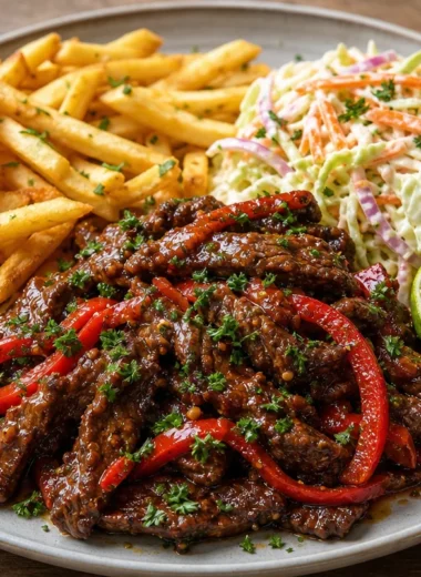 Delicious sticky chili beef strips with fries and coleslaw on a plate