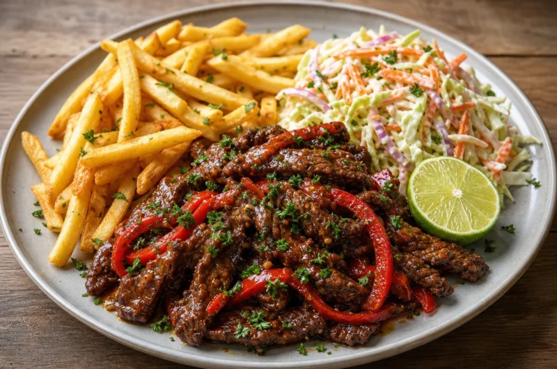 Delicious sticky chili beef strips with fries and coleslaw on a plate