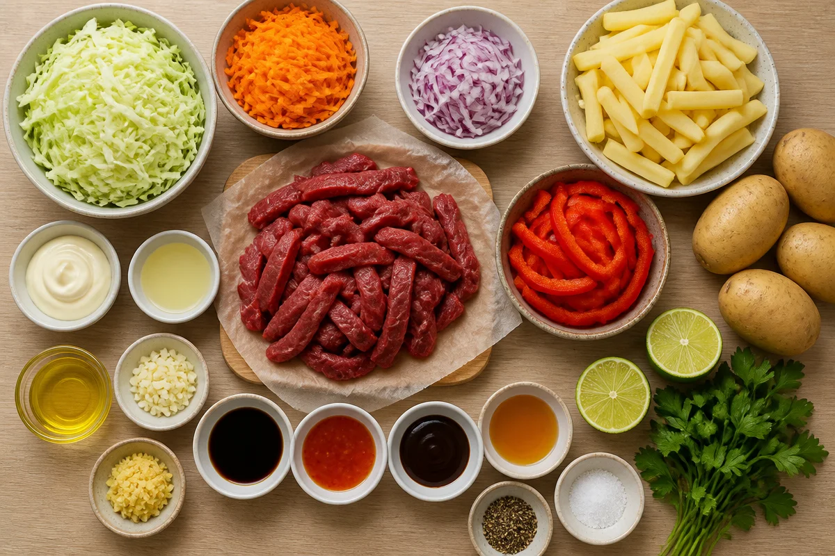 Sticky Chili Beef Strips With Fries and Coleslaw