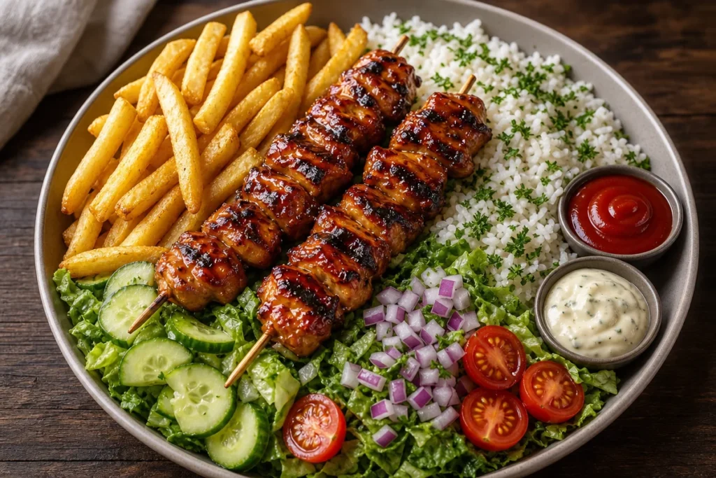 Sticky honey BBQ chicken skewers served in a bowl with colorful vegetables