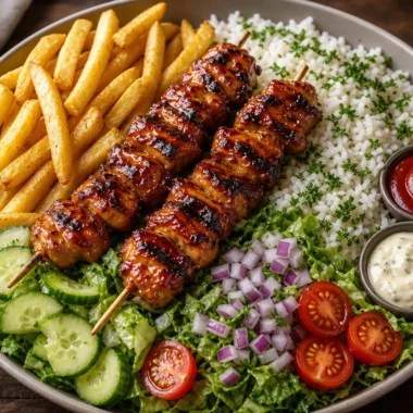 Sticky honey BBQ chicken skewers served in a bowl with colorful vegetables