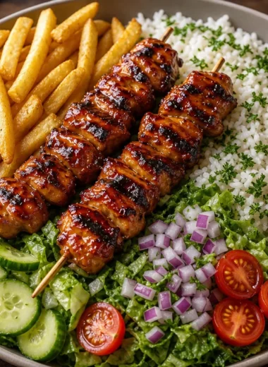 Sticky honey BBQ chicken skewers served in a bowl with colorful vegetables