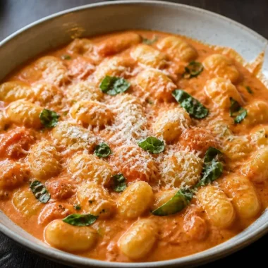 Bowl of creamy tomato gnocchi garnished with fresh basil and cheese