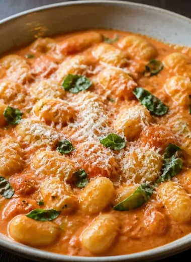 Bowl of creamy tomato gnocchi garnished with fresh basil and cheese