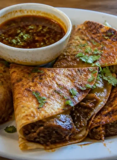 Delicious homemade Birria Quesadilla with juicy meat and melted cheese