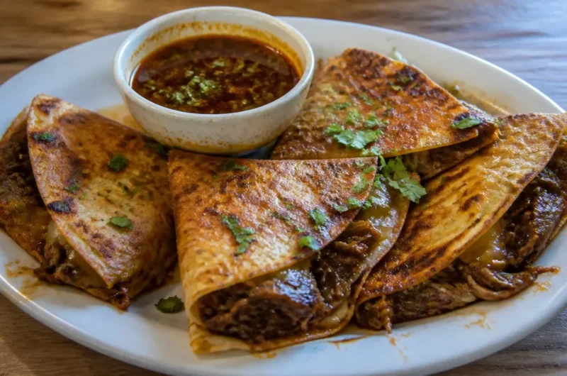 Delicious homemade Birria Quesadilla with juicy meat and melted cheese