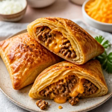 Cheeseburger pockets filled with beef, cheese, and spices, ready to eat.