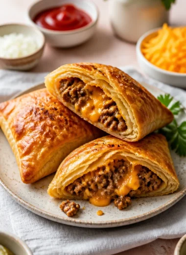 Cheeseburger pockets filled with beef, cheese, and spices, ready to eat.