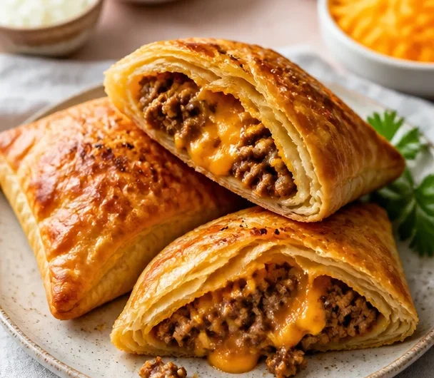 Cheeseburger pockets filled with beef, cheese, and spices, ready to eat.